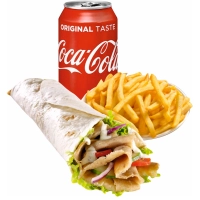 100% kippenvlees doner wrap, friet zonder, frisdrank en saus.